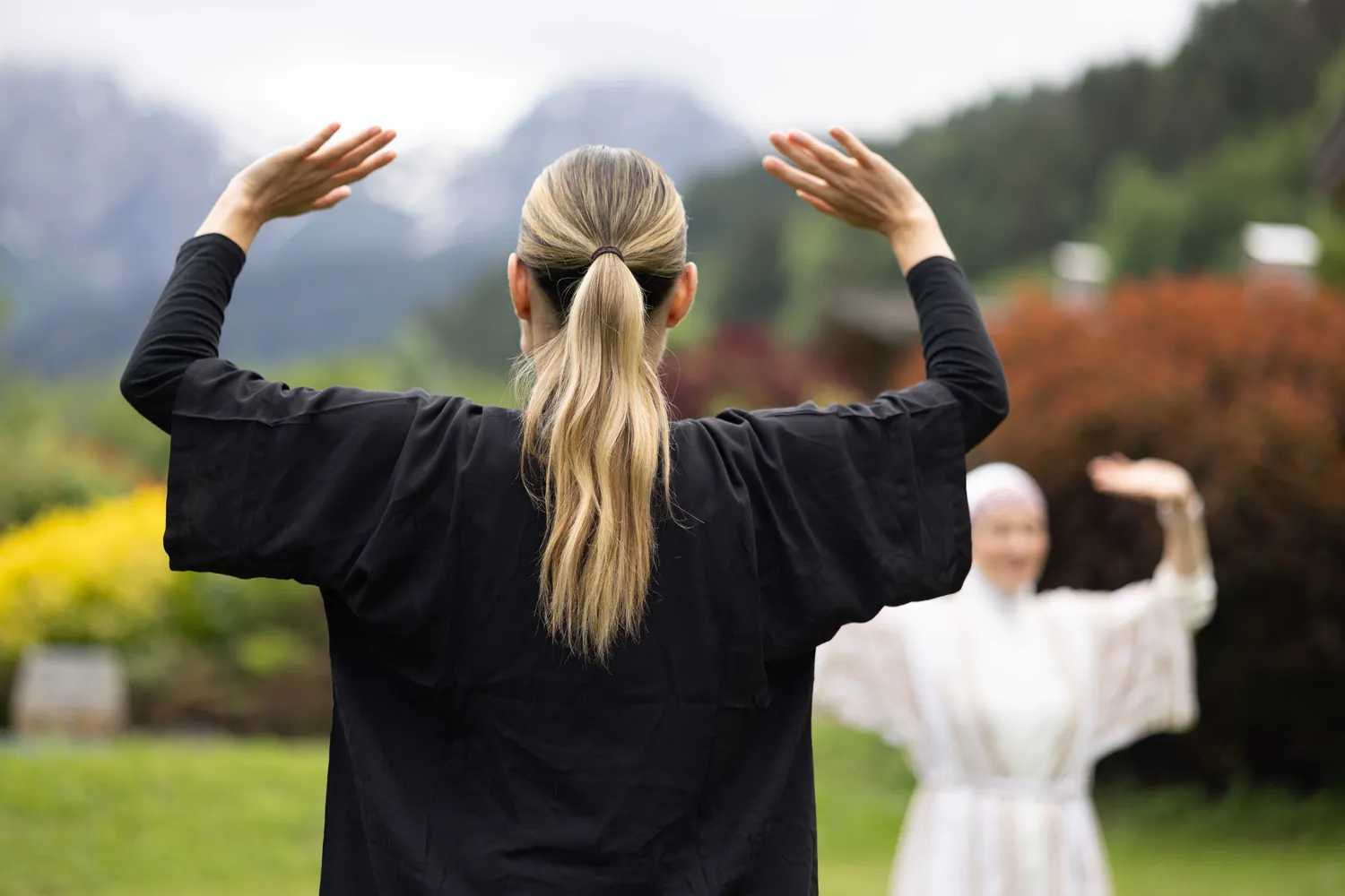 Pratique de Qi Gong en extérieur, face aux montagnes