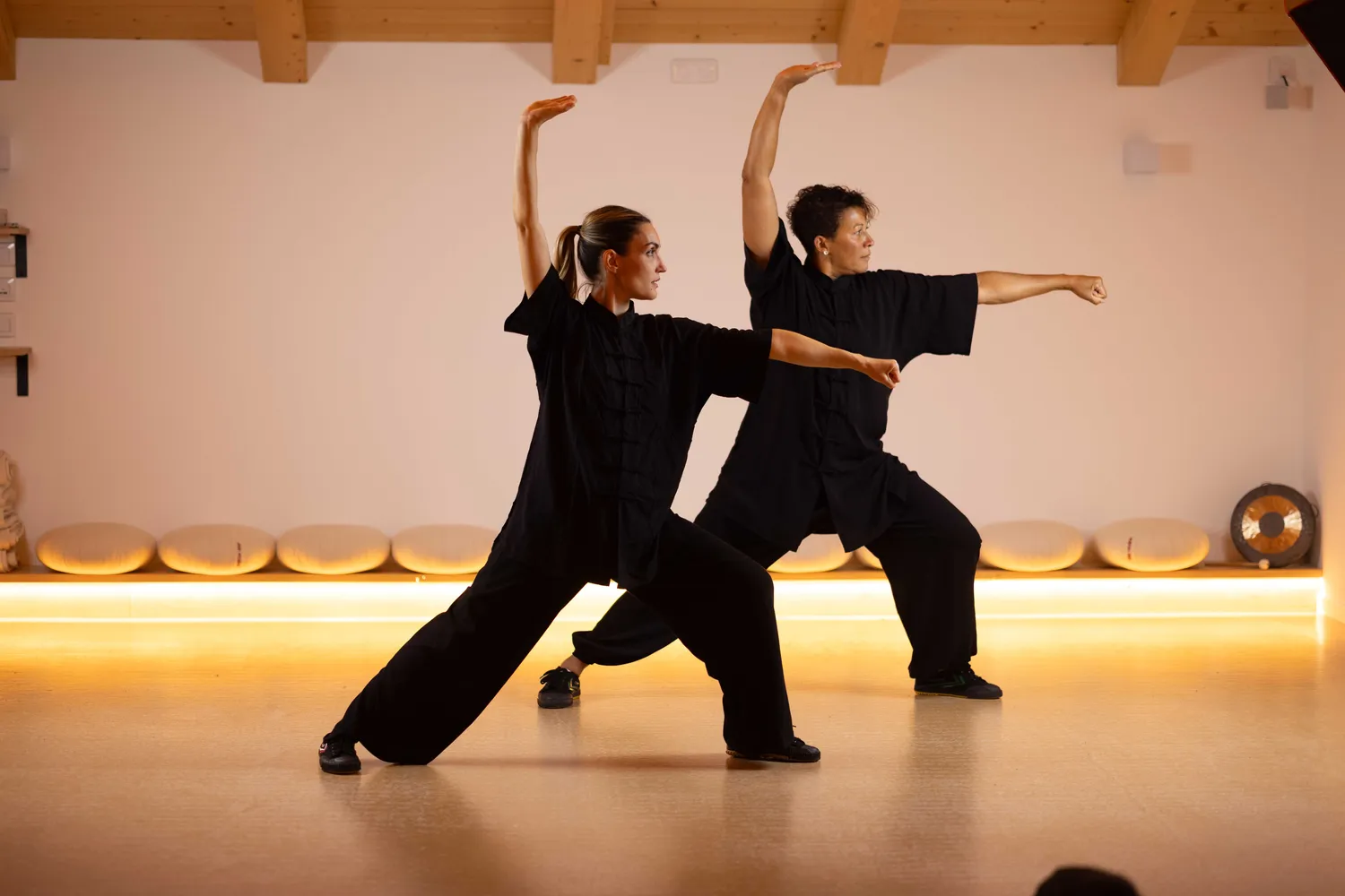 Deux pratiquantes en posture de Kung Fu, salle de l'école