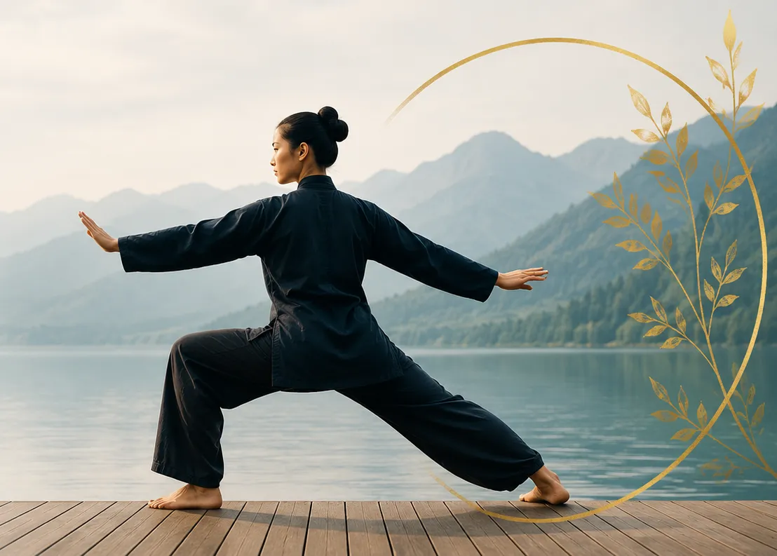 Pratiquante en posture de Kung Fu au bord d'un lac de montagne